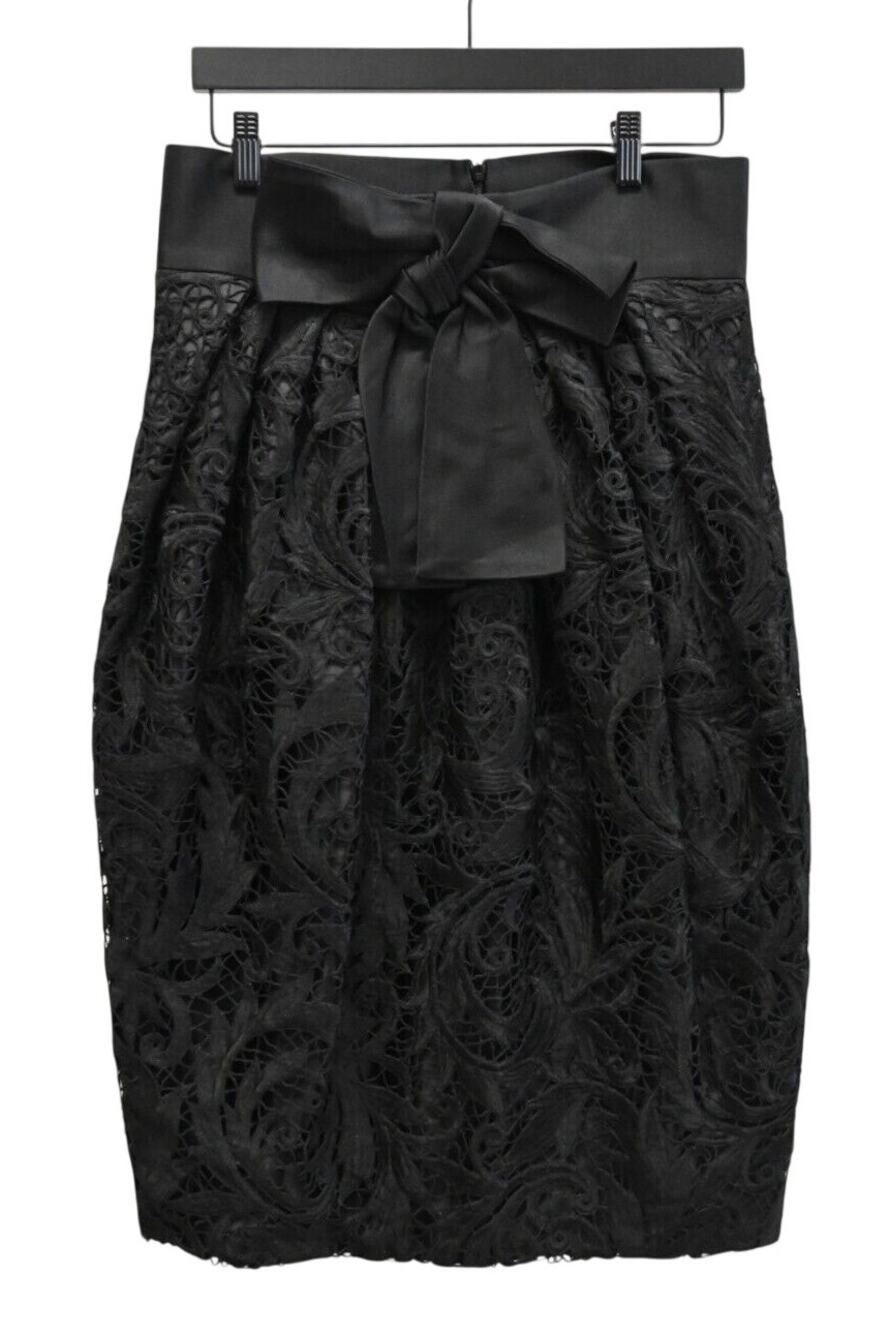 Naeem Khan Black Embroidered Lace Silk Pencil Skirt Size 12